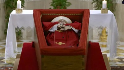 The photos were taken in the chapel of the Casa Santa Marta, Francis's residence at the Vatican where he died Monday, age 88. (AFP) The photos were taken in the chapel of the Casa Santa Marta, Francis's residence at the Vatican where he died Monday, age 88. (AFP)