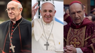 Jonathan Pryce as Pope Francis in The Two Popes; Pope Francis himself; Ralph Fiennes in Conclave Jonathan Pryce as Pope Francis in The Two Popes; Pope Francis himself; Ralph Fiennes in Conclave