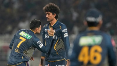 Shubman Gill thumps Sai Kishore's chest after GT dismissed Venkatesh Iyer (AP) Shubman Gill thumps Sai Kishore's chest after GT dismissed Venkatesh Iyer (AP)