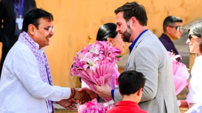 Rajasthan CM Bhajanlal Sharma welcomes US vice president JD Vance as he along with his family visits the historic Amer Fort, in Jaipur. (PTI) Rajasthan CM Bhajanlal Sharma welcomes US vice president JD Vance as he along with his family visits the historic Amer Fort, in Jaipur. (PTI)
