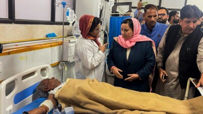 J&K Minister Sakina Itoo meets an injured receiving treatment at a hospital, after terrorists attacked a group of tourists at Pahalgam, in Anantnag district, Jammu & Kashmir. (PTI) J&K Minister Sakina Itoo meets an injured receiving treatment at a hospital, after terrorists attacked a group of tourists at Pahalgam, in Anantnag district, Jammu & Kashmir. (PTI)