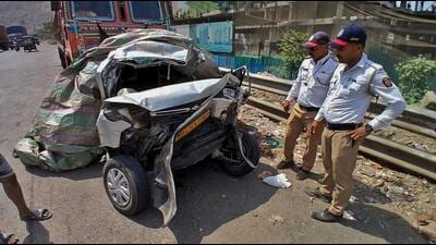 Thane, India - April 22, 2025:An accident has occurred on Thane Mumbra Bypass Road early morning at Mumbra after a car collided with Two containers. The 27-year-old car driver, a resident of Navi Mumbai, died on the spot and the car was completely destroyed. Further investigation is being carried out by the local police ,in Thane,in Mumbai, India, on, Tuesday, April -22, 2025. ( Praful Gangurde /HT Photo ) Thane, India - April 22, 2025:An accident has occurred on Thane Mumbra Bypass Road early morning at Mumbra after a car collided with Two containers. The 27-year-old car driver, a resident of Navi Mumbai, died on the spot and the car was completely destroyed. Further investigation is being carried out by the local police ,in Thane,in Mumbai, India, on, Tuesday, April -22, 2025. ( Praful Gangurde /HT Photo )