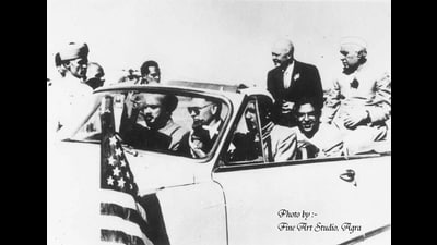 US President Dwight D Eisenhower and then Prime Minister Jawaharlal Nehru travelling through Laramada village in an open car on December 13, 1959. (Photo courtesy: Fine Art Studio, Agra) US President Dwight D Eisenhower and then Prime Minister Jawaharlal Nehru travelling through Laramada village in an open car on December 13, 1959. (Photo courtesy: Fine Art Studio, Agra)