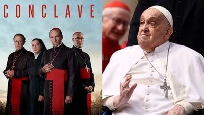 (L to R) Poster for the movie Conclave: the late Pope Francis (L to R) Poster for the movie Conclave: the late Pope Francis