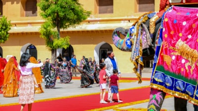 The Vance family were greeted with a traditional Rajasthani dance performance and elegantly decorated elephants. (PTI) The Vance family were greeted with a traditional Rajasthani dance performance and elegantly decorated elephants. (PTI)