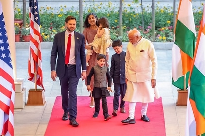 Prime Minister Narendra Modi receives US Vice President JD Vance and his wife, Usha Vance, along with their children, at his residence in Delhi. (AFP) Prime Minister Narendra Modi receives US Vice President JD Vance and his wife, Usha Vance, along with their children, at his residence in Delhi. (AFP)