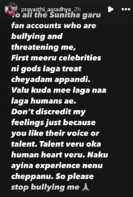 A screengrab of Pravasthi Aaradhya's Instagram stories. A screengrab of Pravasthi Aaradhya's Instagram stories.