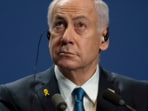 Israeli Prime Minister Benjamin Netanyahu looks up during a press statement at the Carmelite Monastery in the Buda Castle in Budapest, Hungary, April 3, 2025. 