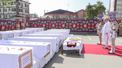 Union Home Minister Amit Shah pays last respects to the deceased of the Pahalgam terror attack, in Srinagar on Wednesday. (ANI Video Grab) Union Home Minister Amit Shah pays last respects to the deceased of the Pahalgam terror attack, in Srinagar on Wednesday. (ANI Video Grab)