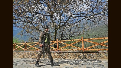 An army soldier patrols after an attack in Pahalgam on Wednesday.Officials said that not many infiltration bids were made into Kashmir through LoC this year owing to winter, though there are more chances now owing to increase in temperatures in spring and less snowfall this year in Uri. (AFP) An army soldier patrols after an attack in Pahalgam on Wednesday.Officials said that not many infiltration bids were made into Kashmir through LoC this year owing to winter, though there are more chances now owing to increase in temperatures in spring and less snowfall this year in Uri. (AFP)