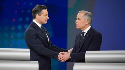 Conservative Leader Pierre Poilievre (left) and Canadian Prime Minister and Liberal Party chief Mark Carney shake hands following the English Federal Leaders Debate broadcast at CBC-Radio-Canada, in Montreal, Canada, on April 17. (AFP) Conservative Leader Pierre Poilievre (left) and Canadian Prime Minister and Liberal Party chief Mark Carney shake hands following the English Federal Leaders Debate broadcast at CBC-Radio-Canada, in Montreal, Canada, on April 17. (AFP)