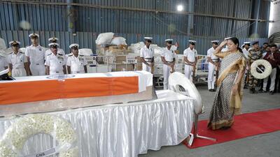 Delhi CM Rekha Gupta salutes the mortal remains of late Lt Vinay Narwal. (HT Photo)