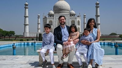 US Vice President JD Vance, his wife Usha Vance, daughter Mirabel and sons Ewan (L) and Vivek pose during their tour at the Taj Mahal in Agra on April 23, 2025. Vance said on April 22 that "good progress" had been made towards a trade deal with India after meeting with "tough negotiator" Prime Minister Narendra Modi in New Delhi. (Photo by Kenny Holston/The New York Times / POOL / AFP) (AFP) US Vice President JD Vance, his wife Usha Vance, daughter Mirabel and sons Ewan (L) and Vivek pose during their tour at the Taj Mahal in Agra on April 23, 2025. Vance said on April 22 that "good progress" had been made towards a trade deal with India after meeting with "tough negotiator" Prime Minister Narendra Modi in New Delhi. (Photo by Kenny Holston/The New York Times / POOL / AFP) (AFP)