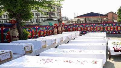 Mortal remains of the victims of the Pahalgam terror attack, as security personnel stand guard in Srinagar on Wednesday. (ANI photo) Mortal remains of the victims of the Pahalgam terror attack, as security personnel stand guard in Srinagar on Wednesday. (ANI photo)