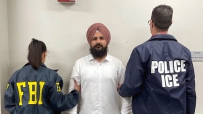 Harpreet Singh, an alleged gangster, after being arrested by the FBI and ERO, in Sacramento, California, USA. (@FBISacramento on X via PTI Photo) (@FBISacramento) Harpreet Singh, an alleged gangster, after being arrested by the FBI and ERO, in Sacramento, California, USA. (@FBISacramento on X via PTI Photo) (@FBISacramento)