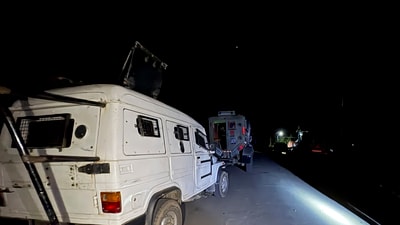 Security vehicles stationed during a cordon and search operation after a gunfight broke out between terrorists and security forces, in Kulgam district of Jammu and Kashmir, Wednesday, April 23, 2025. (PTI) Security vehicles stationed during a cordon and search operation after a gunfight broke out between terrorists and security forces, in Kulgam district of Jammu and Kashmir, Wednesday, April 23, 2025. (PTI)