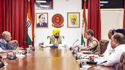 Punjab chief minister Bhagwant Mann during a the security meeting in Chandigarh on Wednesday. (Sourced: X) Punjab chief minister Bhagwant Mann during a the security meeting in Chandigarh on Wednesday. (Sourced: X)