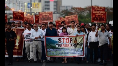 Travel and hospitality professionals staged a protest march against the terrorist attack in Pahalgam, in Lucknow, on Wednesday. (Deepak Gupta/Hindustan Times) Travel and hospitality professionals staged a protest march against the terrorist attack in Pahalgam, in Lucknow, on Wednesday. (Deepak Gupta/Hindustan Times)