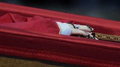 The body of Pope Francis inside St. Peter's Basilica at the Vatican, Wednesday, April 23, 2025, where he will lie in state for three days. (AP) The body of Pope Francis inside St. Peter's Basilica at the Vatican, Wednesday, April 23, 2025, where he will lie in state for three days. (AP)