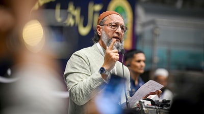 AIMIM chief Asaduddin Owaisi speaks during an event on Tuesday, April 22 (RAJ K RAJ/Hindustan Times) AIMIM chief Asaduddin Owaisi speaks during an event on Tuesday, April 22 (RAJ K RAJ/Hindustan Times)