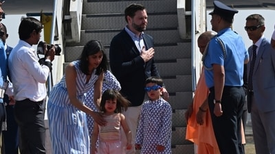 US Vice President JD Vance, Usha Vance and their kids arrive in Agra, received by UP CM Yogi Adityanath. (AP ) US Vice President JD Vance, Usha Vance and their kids arrive in Agra, received by UP CM Yogi Adityanath. (AP )