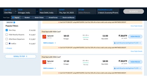 Screenshot from the MakeMyTrip website showing SpiceJet airfare for a Srinagar to New Delhi flight on April 24, Thursday. Screenshot from the MakeMyTrip website showing SpiceJet airfare for a Srinagar to New Delhi flight on April 24, Thursday.