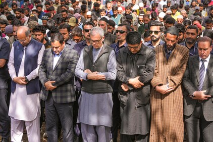 Jammu and Kashmir Chief Minister Omar Abdullah and others attend the funeral prayers of Syed Adil Hussain Shah, a pony ride operator who was killed in the terror attack at Pahalgam, in Anantnag district, Jammu and Kashmir, Wednesday, April 23, 2025. (PTI) Jammu and Kashmir Chief Minister Omar Abdullah and others attend the funeral prayers of Syed Adil Hussain Shah, a pony ride operator who was killed in the terror attack at Pahalgam, in Anantnag district, Jammu and Kashmir, Wednesday, April 23, 2025. (PTI)