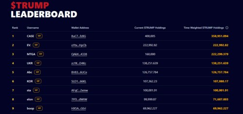Top users on the Trump memecoin leaderboard. (Trump memecoin leaderboard) Top users on the Trump memecoin leaderboard. (Trump memecoin leaderboard)