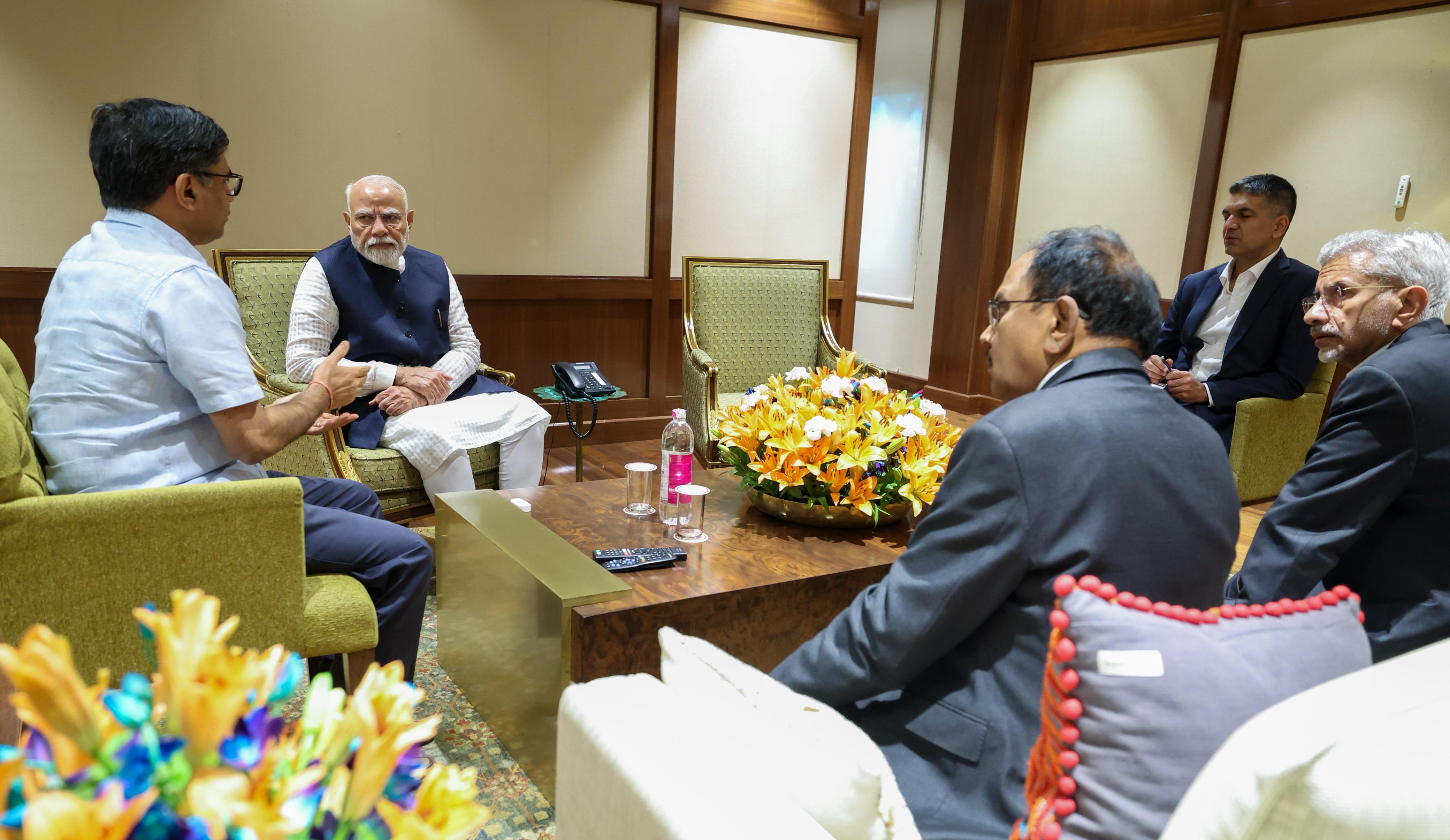 PM Modi held a briefing meeting at the airport with National Security Advisor (NSA) Ajit Doval, external affairs minister (EAM) S Jaishankar, and foreign secretary (FS) on Wednesday. (via Hindustan Times)