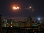 A ballistic missile explodes in the sky over the city during a Russian drone strike in Kyiv, Ukraine, April 24, 2025.