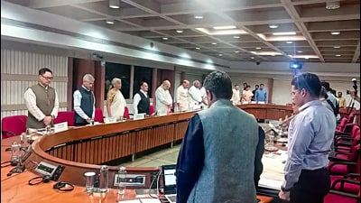A two-minute silence observe during the all-party meeting called by the Central Government to honour the innocent lives lost in the Pahalgam terror attack, in New Delhi on Thursday. (ANI Photo) A two-minute silence observe during the all-party meeting called by the Central Government to honour the innocent lives lost in the Pahalgam terror attack, in New Delhi on Thursday. (ANI Photo)