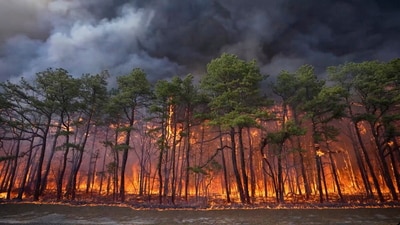 Smoke fills the sky from a wildfire in Lacey Townships, N.J. on Tuesday, April 22, 2025. (AP) Smoke fills the sky from a wildfire in Lacey Townships, N.J. on Tuesday, April 22, 2025. (AP)