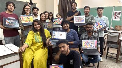 Clockwise from left: Bhomik, Tahoora, Shaibar, Aliza, Deeksha, Monika, Aqs, Muzammil, Varun, Belal, Saurav, Vikas, Raqib, and their assistant professor, Surangini Sharma. (HT)