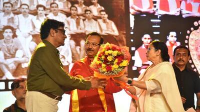 Gautam Ghose, who directed the documentary “Shotoborshe East Bengal” with chief minister Mamata Banerjee and state sports minister Aroop Biswas in Kolkata on Thursday. (East Bengal)