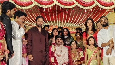 Allu Arjun at cousin's wedding with wife Sneha and daughter Arha. (Twitter) Allu Arjun at cousin's wedding with wife Sneha and daughter Arha. (Twitter)