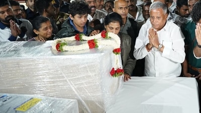 Mortal remains of three Karnataka residents who were shot dead in Pahalgam terror attack reach Bengaluru. Mortal remains of three Karnataka residents who were shot dead in Pahalgam terror attack reach Bengaluru.