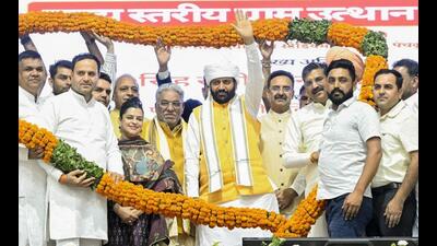 Haryana chief minister Nayab Singh Saini during the state-level ‘Gram Utthan Samaroh’ in Panchkula on Thursday. Also seen in the picture Haryana Assembly speaker Harvinder Kalyan, Development and Panchayats minister Krishan Lal Panwar (Sourced)