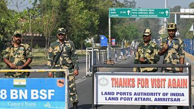 Indian Border Security Force (BSF) soldiers at the entrance of the India-Pakistan Wagah border post. (AFP) Indian Border Security Force (BSF) soldiers at the entrance of the India-Pakistan Wagah border post. (AFP)