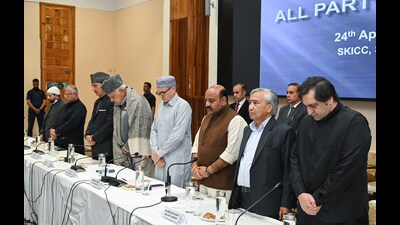 Jammu and Kashmir chief minister Omar Abdullah, along with other leaders during the all-party meeting in Srinagar on Thursday. (ANI) Jammu and Kashmir chief minister Omar Abdullah, along with other leaders during the all-party meeting in Srinagar on Thursday. (ANI)