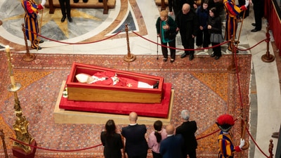 Pope Francis lies in state at St. Peter's Basilica at the Vatican. (REUTERS)