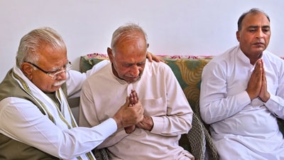 Union Minister Manohar Lal meets father of the Indian Navy officer Vinay Narwal, who was killed in the Pahalgam terror attack, in Karnal, Haryana. (ANI) Union Minister Manohar Lal meets father of the Indian Navy officer Vinay Narwal, who was killed in the Pahalgam terror attack, in Karnal, Haryana. (ANI)