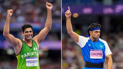 In this combo photo, (L-R) Pakistan's Arshad Nadeem and India's Neeraj Chopra celebrate during the Paris Olympics. (PTI)