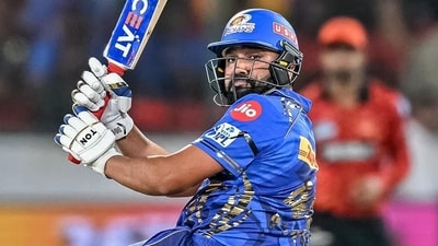 Rohit Sharma cracked an explosive half century to guide Mumbai Indians to an easy win over SRH. (HT_PRINT) Rohit Sharma cracked an explosive half century to guide Mumbai Indians to an easy win over SRH. (HT_PRINT)