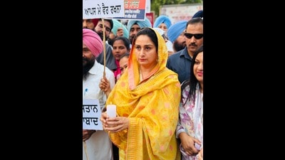 SAD MP Harsimrat Badal during a protest march over the Pahalgam attack, in Bathinda on Thursday. (HT Photo)