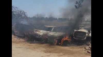 The blaze initially erupted in the rice fields behind the Zirakpur police station that quickly reached the station premises. (HT Photo)