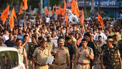 VHP and Bajrang Dal members in Gurugram on Thursday take out a protest march against the terror attack in Pahalgam. (Parveen Kumar/HT Photo) VHP and Bajrang Dal members in Gurugram on Thursday take out a protest march against the terror attack in Pahalgam. (Parveen Kumar/HT Photo)