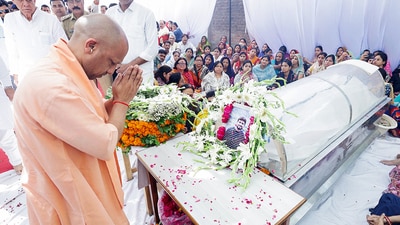 Uttar Pradesh Chief Minister Yogi Adityanath pays his last respects to the mortal remains of Shubham Dwivedi, who was shot dead in the Pahalgam terror attack, in Kanpur on Thursday. (ANI) Uttar Pradesh Chief Minister Yogi Adityanath pays his last respects to the mortal remains of Shubham Dwivedi, who was shot dead in the Pahalgam terror attack, in Kanpur on Thursday. (ANI)