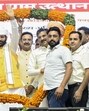 Haryana chief minister Nayab Singh Saini during the state-level ‘Gram Utthan Samaroh’ in Panchkula on Thursday. Also seen in the picture Haryana Assembly speaker Harvinder Kalyan, Development and Panchayats minister Krishan Lal Panwar (Sourced)
