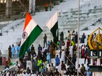 India's national flag and Pakistan's national flag being lowered during the Beating Retreat ceremony at the Attari-Wagah border between India and Pakistan, near Amritsar, Thursday, April 24, 2025. India's national flag and Pakistan's national flag being lowered during the Beating Retreat ceremony at the Attari-Wagah border between India and Pakistan, near Amritsar, Thursday, April 24, 2025.