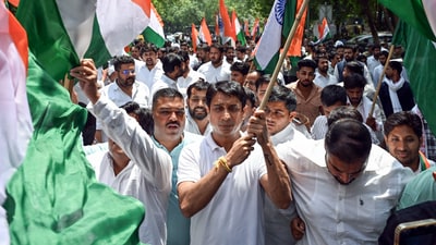 Indian Youth Congress (IYC) President Uday Bhanu Chib with supporters wave the National Flag during 'Tiranga March' to pay tribute to the deceased in the Pahalgam terror attack, at Jantar Mantar in New Delhi on Friday. (HT photo) Indian Youth Congress (IYC) President Uday Bhanu Chib with supporters wave the National Flag during 'Tiranga March' to pay tribute to the deceased in the Pahalgam terror attack, at Jantar Mantar in New Delhi on Friday. (HT photo)